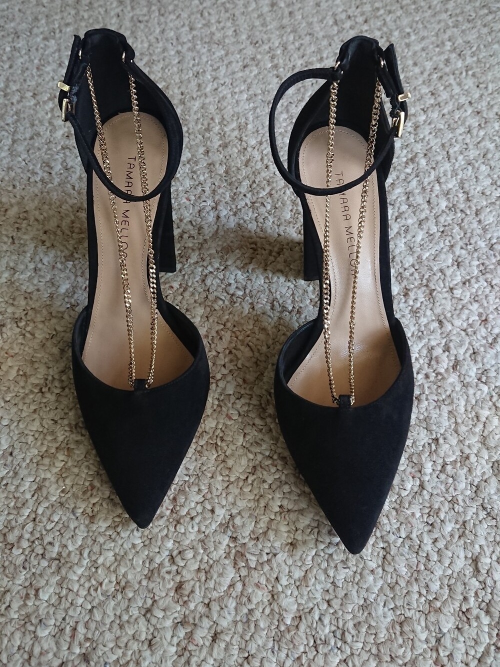Tamara Mellon 2 Chains 105mm black suede block heel pumps size 9.5